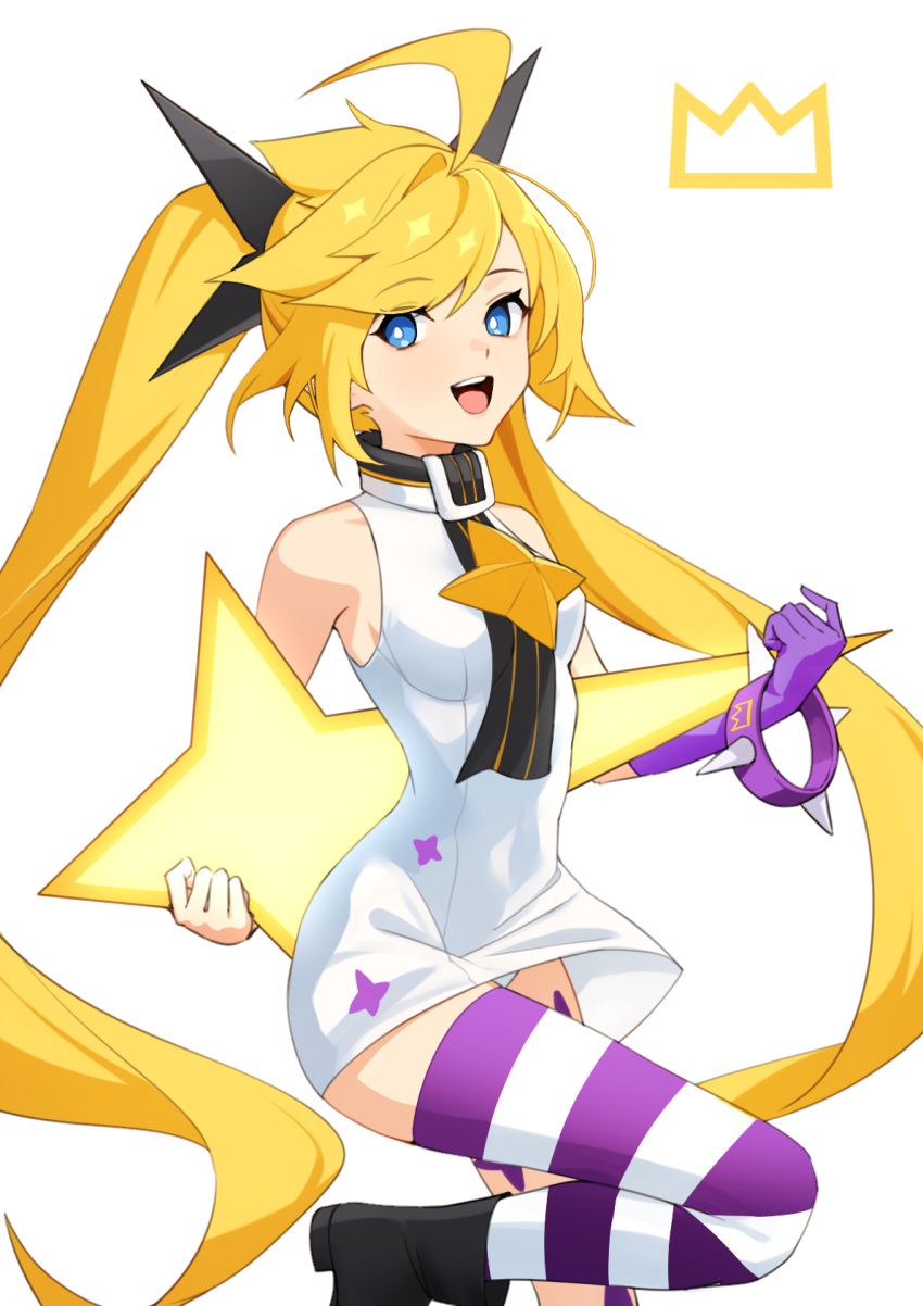 1girl, :d, ahoge, bangs, blonde_hair, blue_eyes, bracelet, character_request, clear_(dj_max), dj_max, dj_max_respect, dress, ett, eyebrows_visible_through_hair, gloves, highres, jewelry, long_hair, looking_at_viewer, parted_bangs, purple_gloves, sleeveless, sleeveless_dress, smile, solo, spiked_bracelet, spikes, striped, striped_legwear, teeth, twintails, upper_teeth, very_long_hair, white_background, white_dress