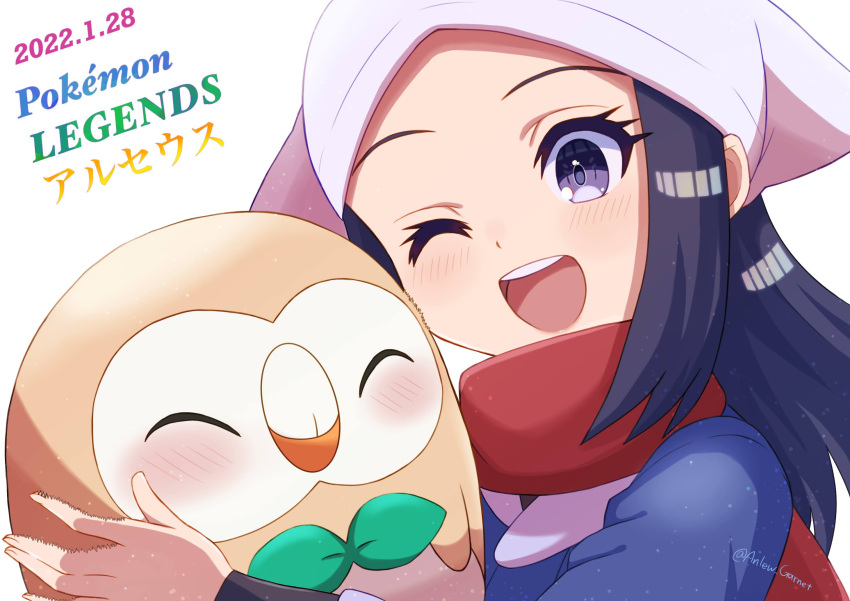 1girl, ;d, akari_(pokemon), anlew_garnet, black_hair, black_shirt, blue_jacket, blush, commentary_request, copyright_name, dated, eyelashes, grey_eyes, happy, head_scarf, highres, holding, holding_pokemon, jacket, long_hair, one_eye_closed, open_mouth, pokemon, pokemon_(creature), pokemon_(game), pokemon_legends:_arceus, red_scarf, rowlet, scarf, shiny, shiny_hair, shirt, smile, teeth, tongue, upper_teeth, white_background, white_headwear