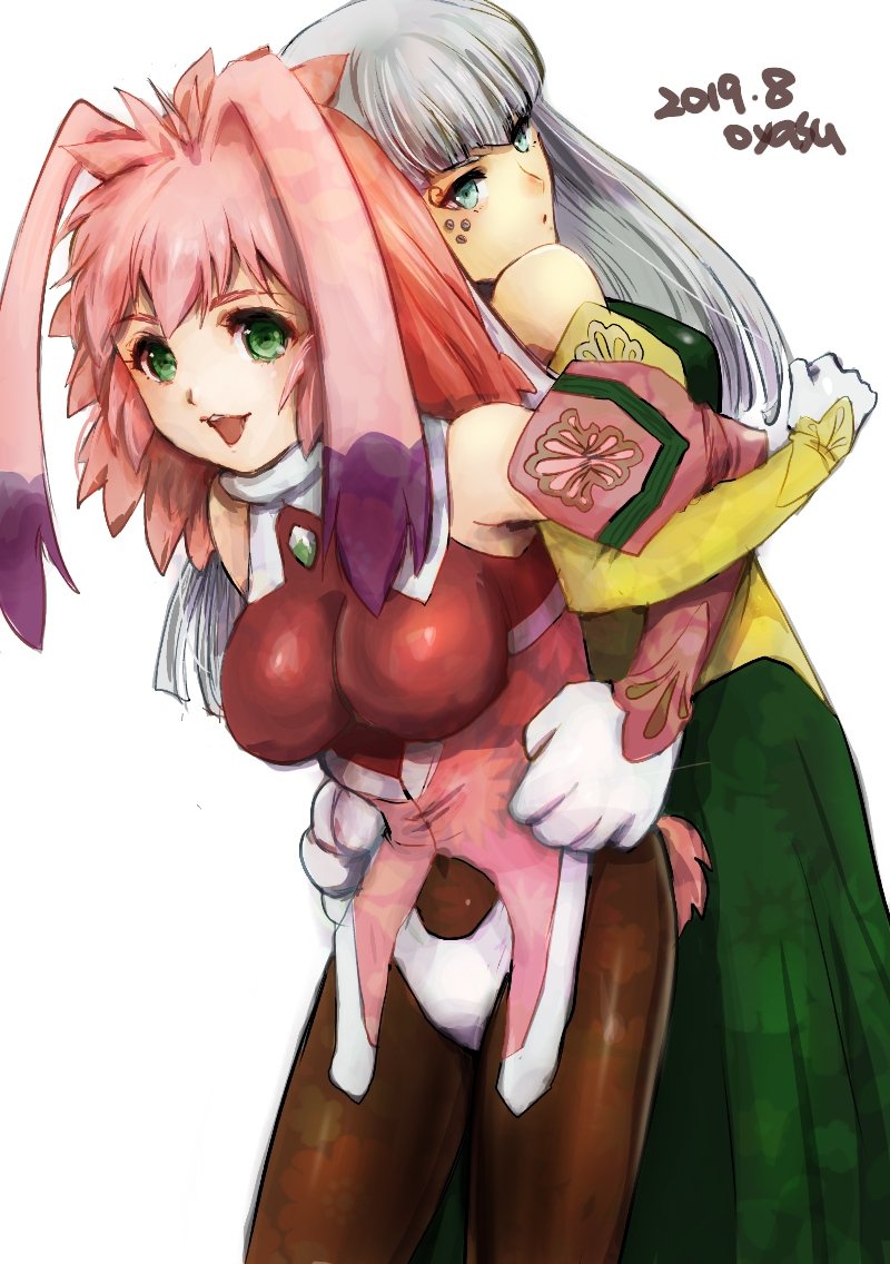 2girls, animal_ears, blue_eyes, breasts, dated, gloves, green_eyes, long_hair