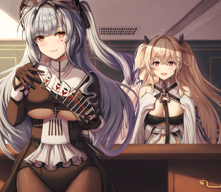 2girls, :d, anchorage_(azur_lane), azur_lane, bangs, bare_shoulders, black_legwear, blush