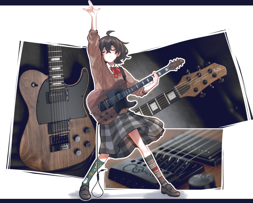 1girl, \m/, absurdres, arm_up, bangs, black_hair, blind_girl_(popopoka), bow