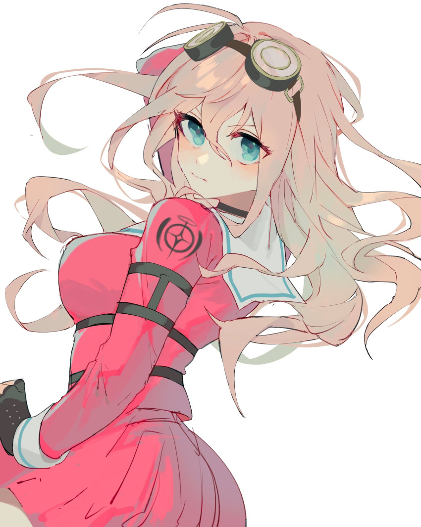 1girl, ahoge, bangs, black_choker, black_gloves, blonde_hair, blue_eyes, blush