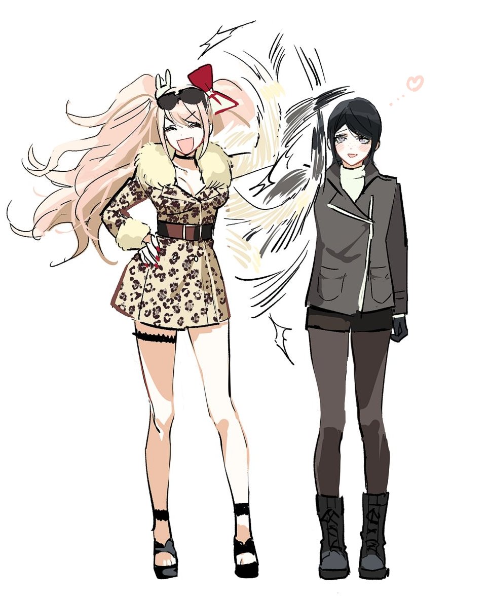 2girls, :d, animal_print, arm_at_side, bangs, belt, black_belt, black_footwear, black_jacket, black_legwear, blonde_hair, blush, bow, brown_jacket, bunny_hair_ornament, danganronpa_(series), danganronpa_3_(anime), enoshima_junko, eyewear_on_head, fighting, fur_trim, hair_bow, hair_ornament, hand_on_hip, heart, ikusaba_mukuro, jacket, jijon_(zzonegirl), leopard_print, long_hair, long_sleeves, multiple_girls, open_mouth, pantyhose, red_bow, siblings, sisters, smile, standing, sunglasses, sweater, twintails, white_bow