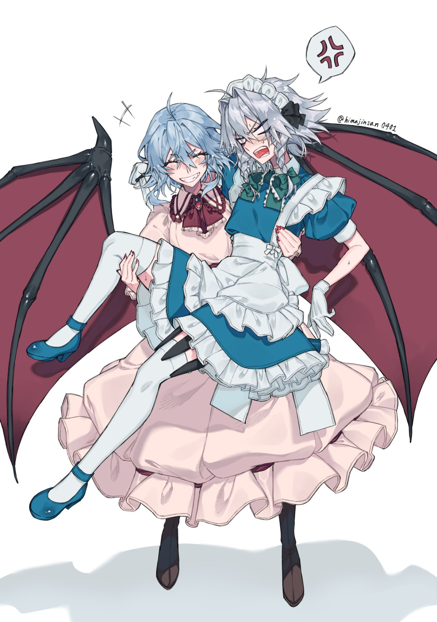 +++, 2girls, \||/, absurdres, ahoge, anger_vein, angry, apron