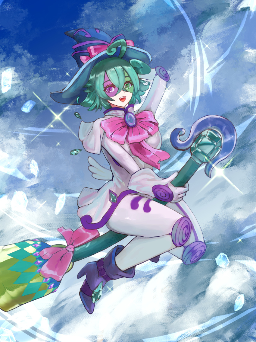 1girl, duel_monster, green_hair, guardkite, hat, hat_bow, magician, multicolored_hair, short_hair, solo, two-tone_hair, windwitch_-_glass_bell, witch, witch_hat, yu-gi-oh!, yu-gi-oh!_arc-v, yuu-gi-ou, yuu-gi-ou_arc-v