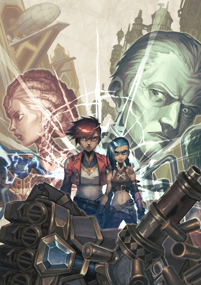 1boy, 3girls, aircraft, arcane:_league_of_legends, arcane_jinx, arcane_vi, asymmetrical_bangs, bangs