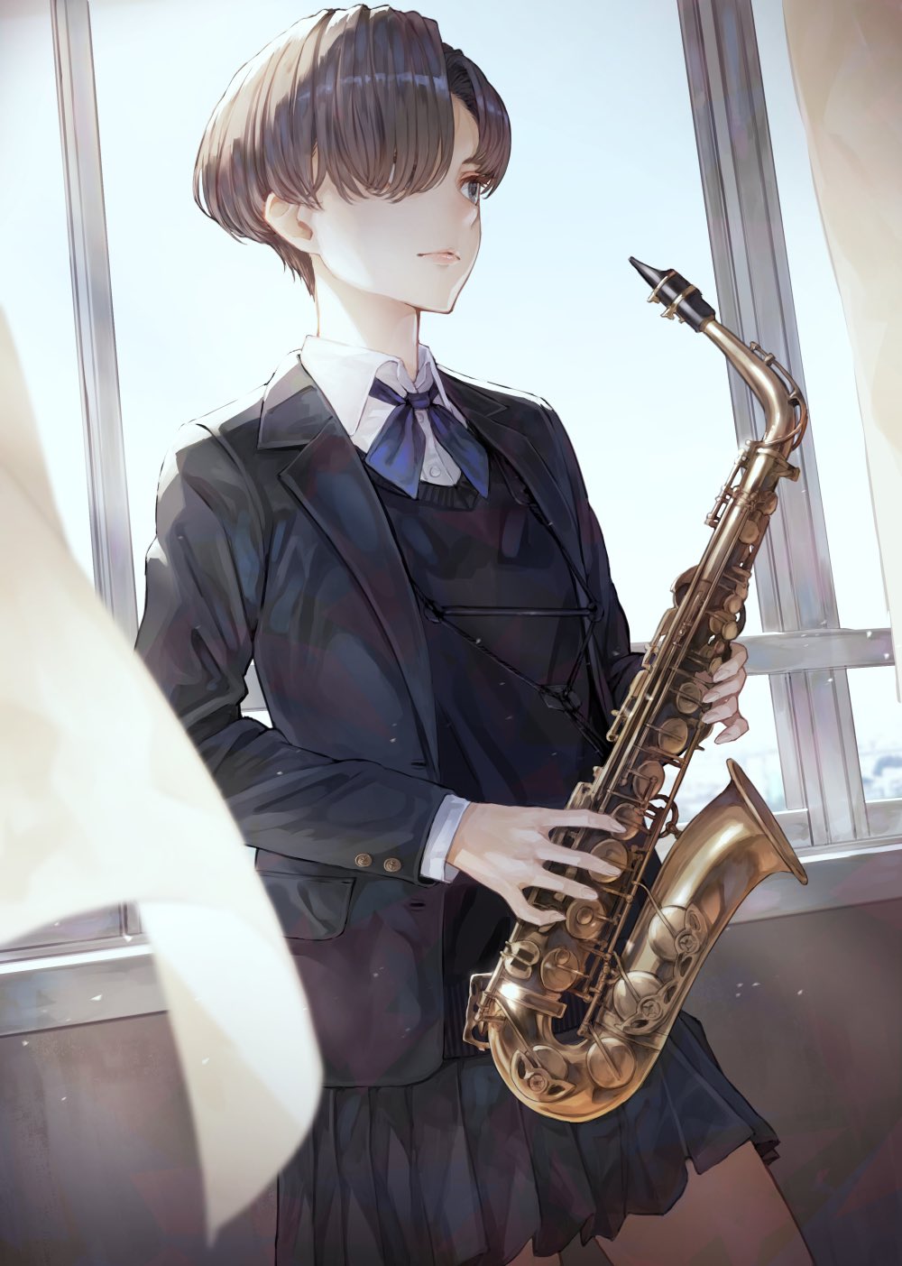 1girl, alto_saxophone, bangs, blazer, blonde_hair, blue_eyes, bow, closed_mouth, commentary_request, hair_over_one_eye, highres, holding, holding_instrument, indoors, instrument, jacket, kaoming, long_sleeves, original, pleated_skirt, saxophone, school_uniform, short_hair, skirt, solo, sweater_vest