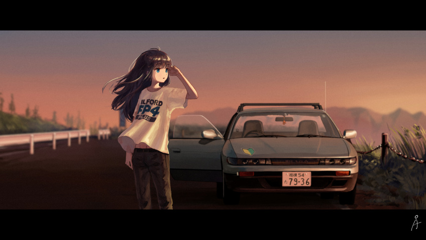 1girl, absurdres, belt, black_pants, blue_eyes, brown_hair, car, cowboy_shot, denim, evening, eyebrows_visible_through_hair, grass, ground_vehicle, guard_rail, hand_in_hair, hand_up, highres, jeans, long_hair, motor_vehicle, navel, nissan, nissan_s13_silvia, nissan_silvia, open_mouth, original, oversized_clothes, pants, rudeko32, scenery, shirt, solo, white_shirt
