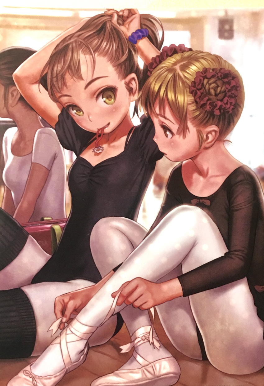 3girls, arms_up, athletic_leotard, ballerina, ballet_slippers, bangs, black_legwear, black_leotard