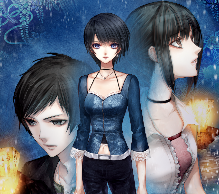 1boy, 2girls, asou_yuu, bangs, black_hair, blue_eyes, breasts, brown_eyes