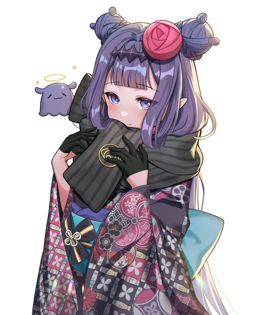 1girl, absurdres, bangs, black_gloves, black_scarf, closed_mouth, double_bun, eyebrows_visible_through_hair