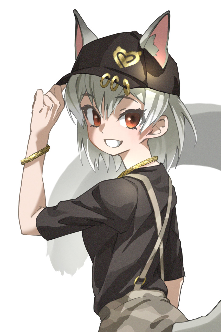 1girl, absurdres, animal_ears, bangs, baseball_cap, black_headwear, black_shirt, bracelet