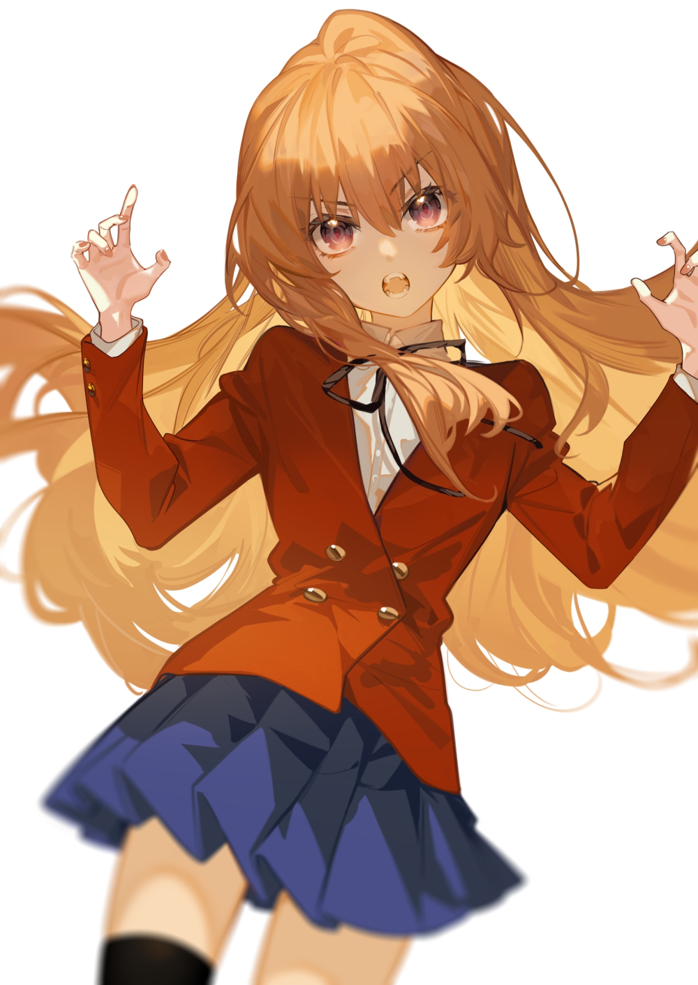 aisaka_taiga, arlizi, bangs, black_legwear, black_ribbon, blazer, blue_skirt, blurry, buttons, collared_shirt, commentary, double-breasted, eyebrows_behind_hair, hair_between_eyes, hands_up, highres, jacket, long_hair, long_sleeves, looking_at_viewer, neck_ribbon, open_mouth, pleated_skirt, red_jacket, ribbon, shirt, simple_background, skirt, teeth, thigh-highs, toradora!, white_background, white_shirt