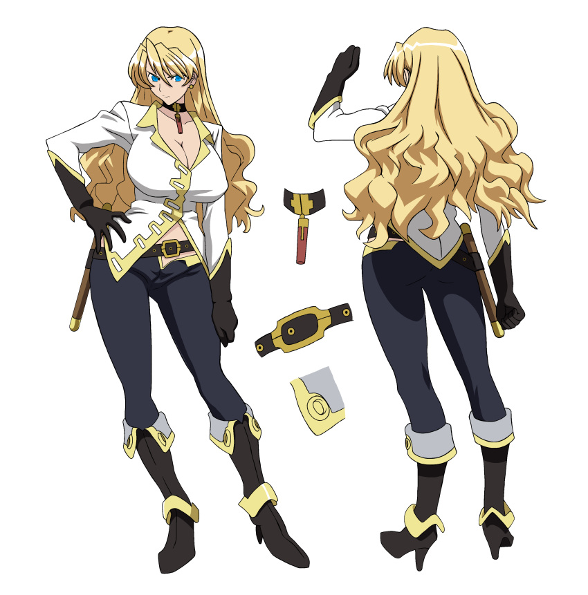 absurdres, blonde_hair, blue_eyes, breasts, character_profile, full_body, highres, huge_breasts, non-web_source, official_art, sara_scorpion, source_request, third-party_edit, uchuu_kaizoku_sara, unofficial_remaster