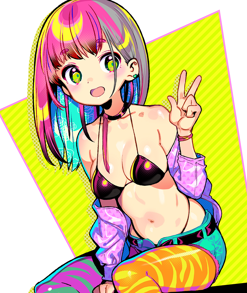 1girl, bangs, bare_shoulders, belt, bikini, black_bikini, blue_hair, choker