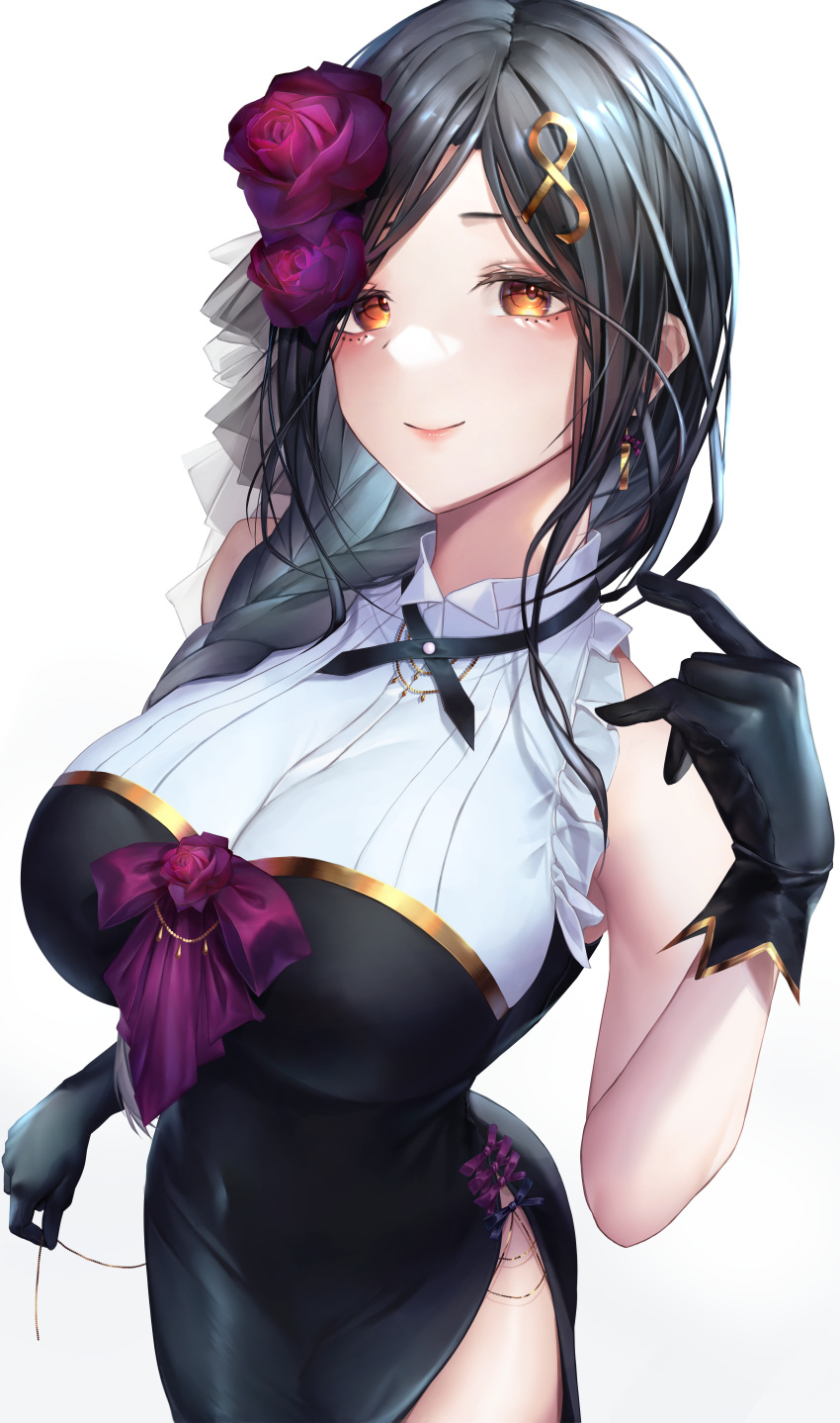 1girl, absurdres, bare_shoulders, black_dress, black_gloves, black_hair, braid, breasts