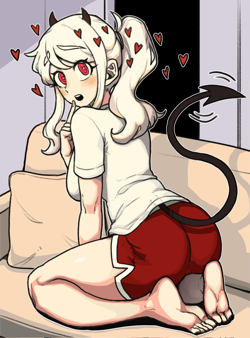 1girl, alternate_hairstyle, ass, bangs, barefoot, black_horns, blush, couch