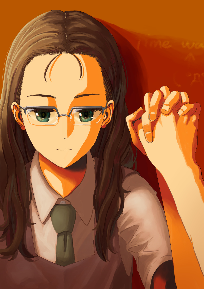 1_kozin, 1girl, absurdres, brown_hair, chalkboard, glasses, green_eyes, green_necktie