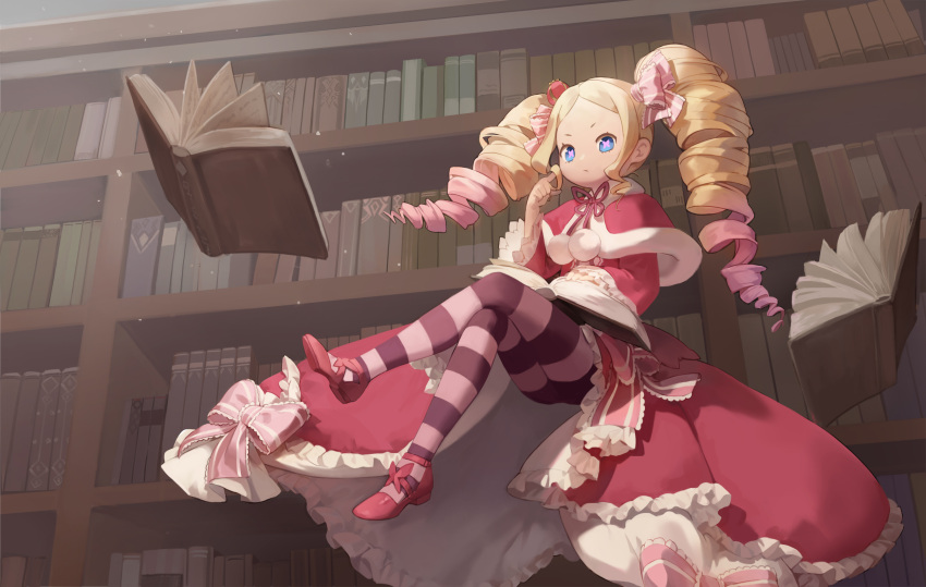 1girl, ass, bangs, beatrice_(re:zero), blonde_hair, blue_eyes, bombong, book, bow, capelet, closed_mouth, commentary, crossed_legs, crown, dress, drill_hair, floating, floating_object, frilled_dress, frills, from_below, hair_bow, hair_ribbon, hand_up, highres, indoors, library, long_hair, long_sleeves, looking_at_viewer, looking_down, mini_crown, multicolored_hair, neck_ribbon, open_book, parted_bangs, pink_bow, pink_hair, pink_legwear, re:zero_kara_hajimeru_isekai_seikatsu, red_capelet, red_dress, red_ribbon, ribbon, shoes, solo, striped, striped_legwear, symbol-shaped_pupils, twin_drills, twintails, two-tone_hair