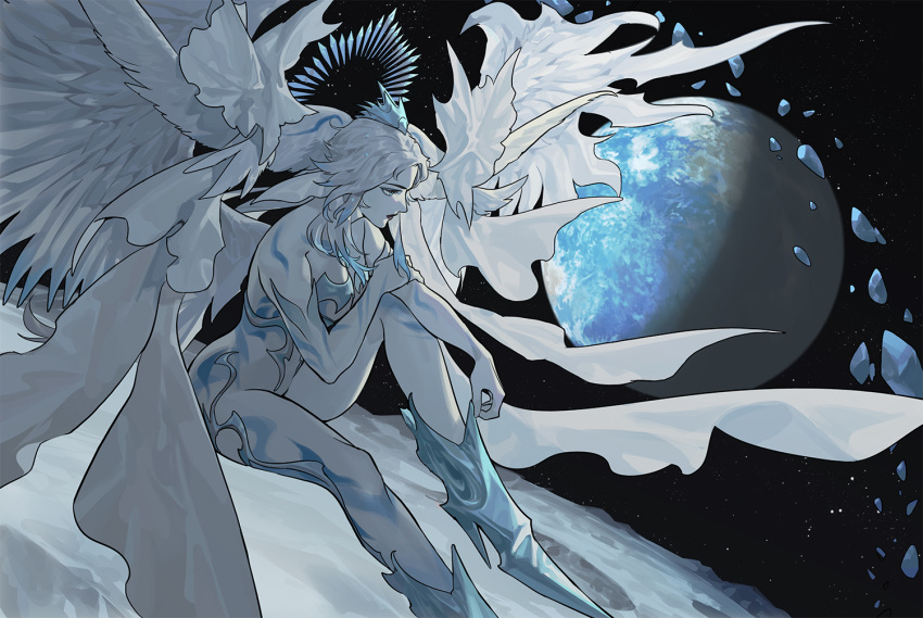 1girl, blue_eyes, byuub, colored_skin, crown, crystal, feathered_wings, final_fantasy, final_fantasy_xiv, foot_out_of_frame, from_side, gradient_hair, grey_skin, hand_on_own_arm, hydaelyn, knee_up, long_hair, looking_afar, moon, multicolored_hair, on_moon, planet, silver_hair, sitting, sky, solo, space, spoilers, star_(sky), starry_sky, white_skin, white_wings, wings
