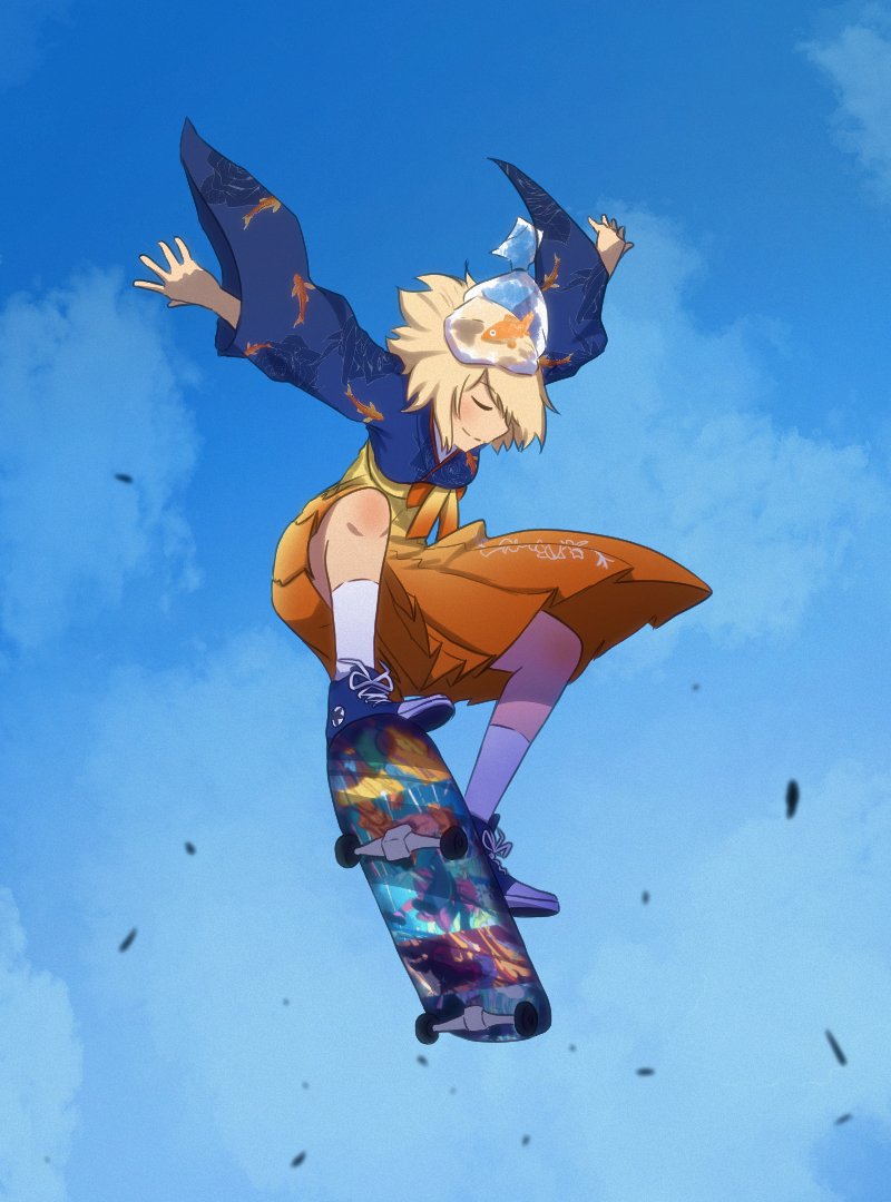 1girl, animal_print, bag, bagged_fish, blonde_hair, clouds, fish, fish_print