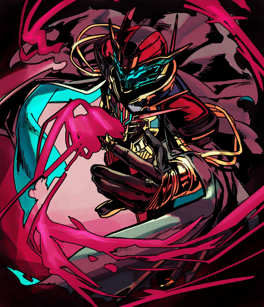 1boy, antennae, armor, asymmetrical_armor, belt, black_background, black_cape, bodysuit