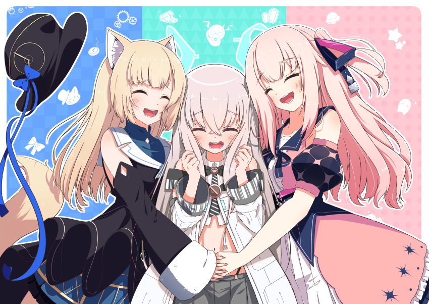 3girls, absurdres, animal_ears, black_skirt, blonde_hair, blue_dress, blush, bow