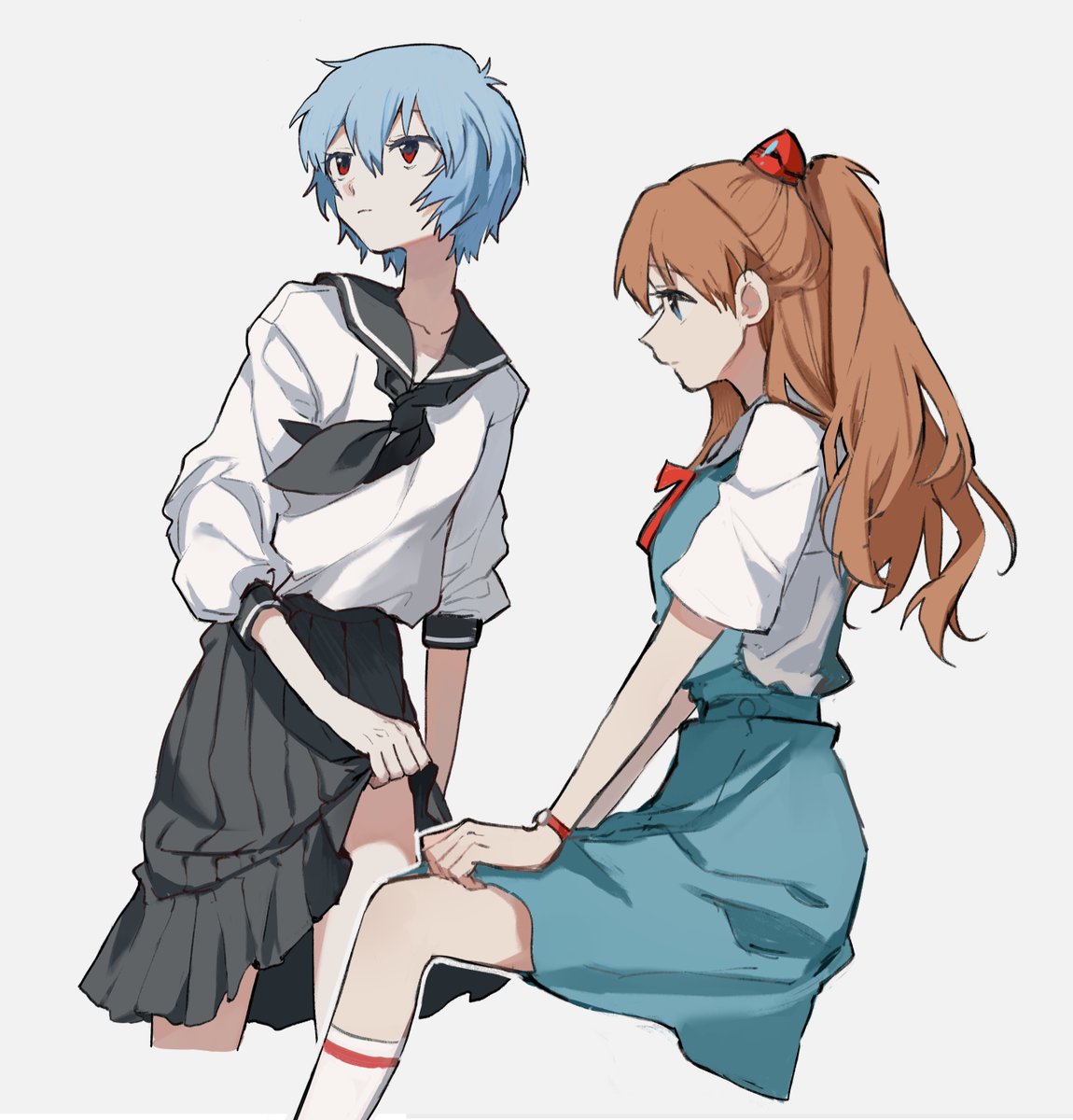 2girls, ayanami_rei, bangs, black_neckerchief, black_sailor_collar, black_skirt, blue_eyes, blue_hair, blue_skirt, breasts, closed_mouth, clothes_lift, collarbone, cropped_legs, dango_404, expressionless, eyebrows_visible_through_hair, feet_out_of_frame, hair_between_eyes, hair_ornament, hands_on_legs, highres, holding, holding_clothes, holding_skirt, invisible_chair, long_hair, looking_ahead, looking_to_the_side, medium_breasts, miniskirt, multiple_girls, neckerchief, neon_genesis_evangelion, orange_hair, outline, pleated_skirt, profile, red_eyes, red_neckerchief, sailor_collar, school_uniform, serafuku, shirt, short_hair, short_sleeves, simple_background, single_horizontal_stripe, sitting, skirt, skirt_lift, sleeves_past_elbows, socks, souryuu_asuka_langley, standing, tied_hair, tokyo-3_middle_school_uniform_(evangelion), watch, white_background, white_legwear, white_outline, white_shirt