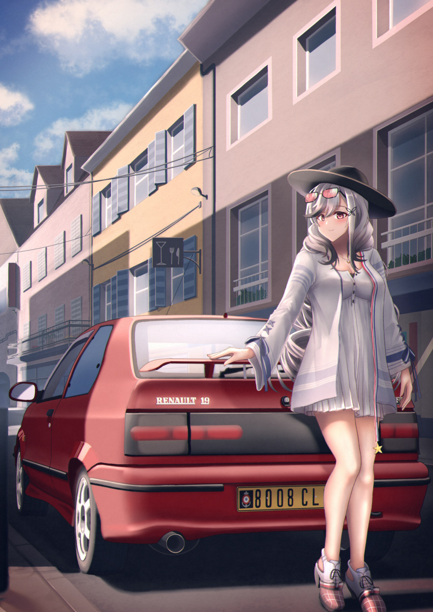 1girl, azur_lane, bakkasu150, black_headwear, blue_sky, car, dress, drill_hair