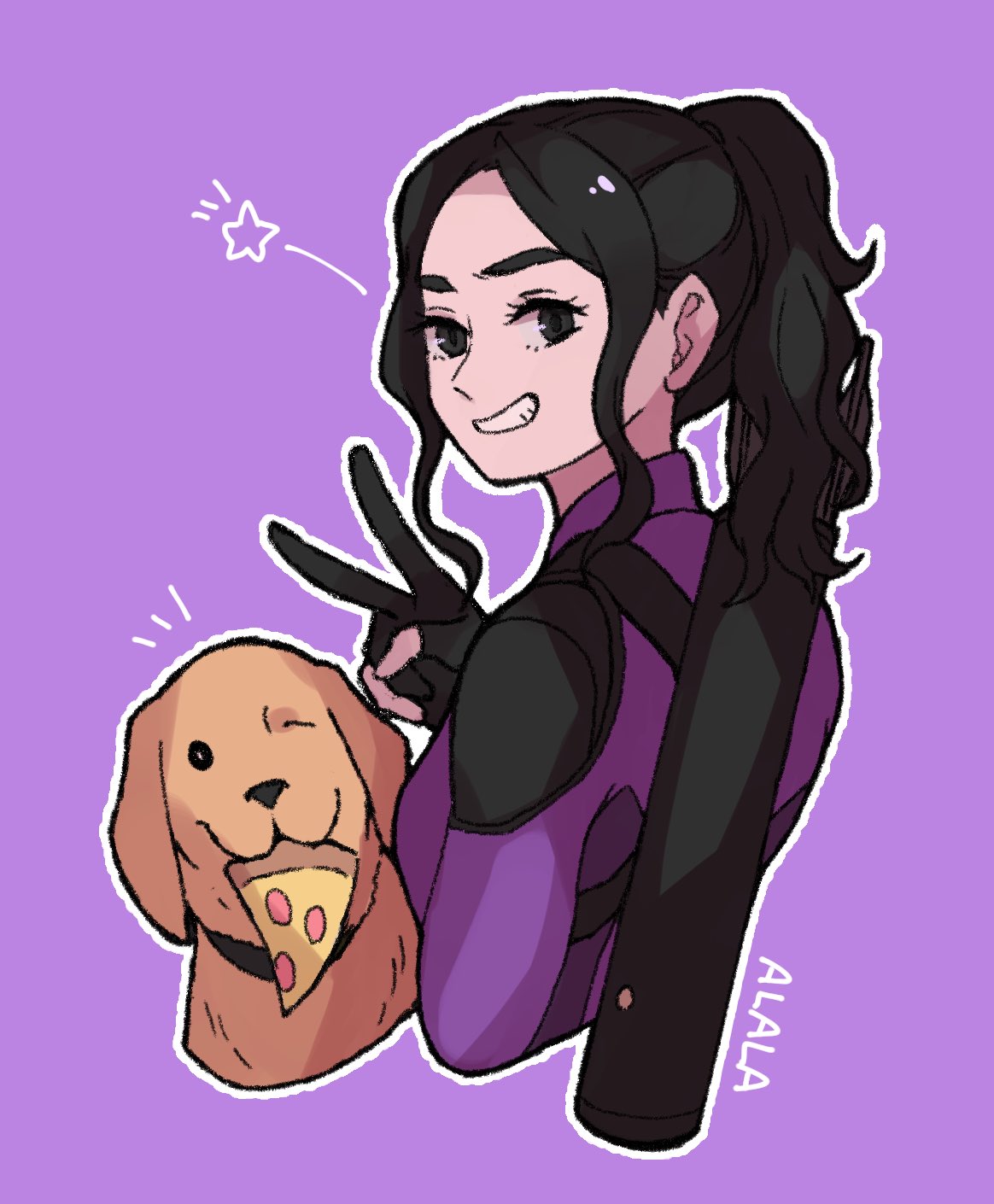 1girl, black_hair, dog, fingerless_gloves, gloves, golden_retriever, grin, hawkeye_(marvel)