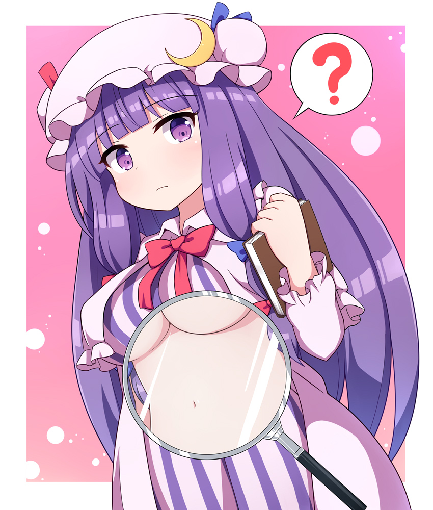 1girl, ?, bangs, blue_bow, blue_ribbon, blush, book, border