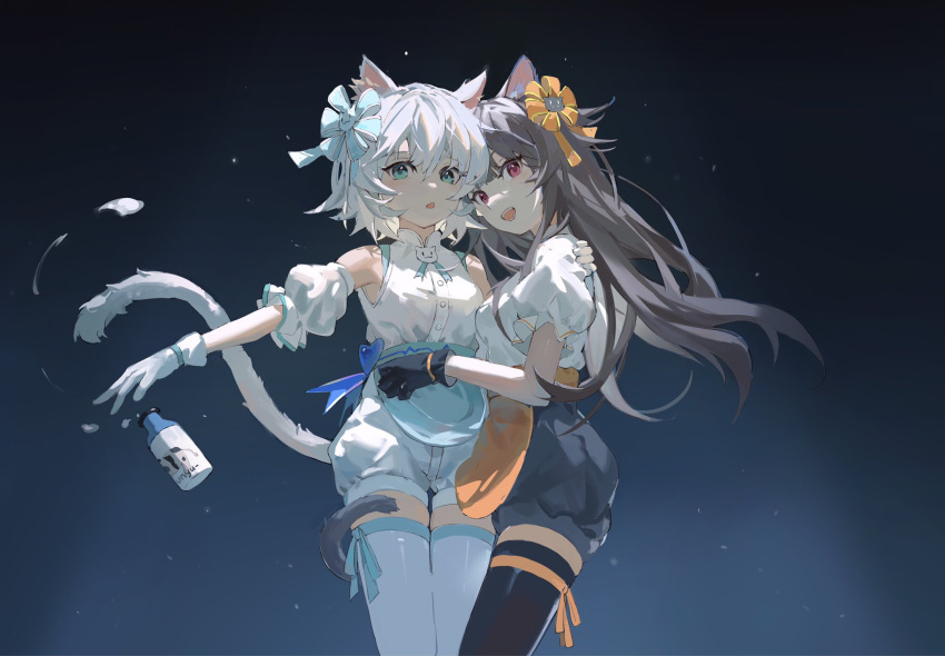 2girls, animal_ear_fluff, animal_ears, apron, aqua_eyes, bangs, bare_shoulders, black_gloves