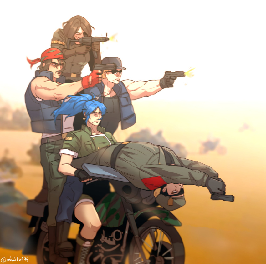 2girls, 3boys, bandana, beret, blonde_hair, blue_eyes, blue_hair, brown_hair