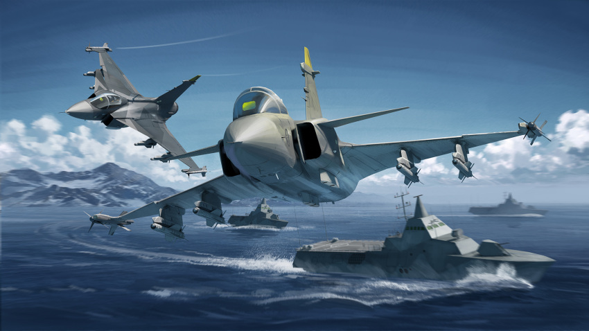 aircraft, airplane, clouds, coat_of_arms, commentary, fighter_jet, flying, highres, horizon, jet, military, military_vehicle, missile, mountain, mountainous_horizon, ocean, ost02, saab_gripen, ship, sky, svenska_flygvapnet, tre_kronor, visby-class_corvette, warship, watercraft, waves