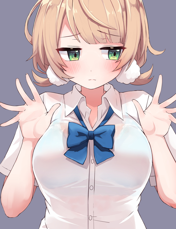 bangs, blonde_hair, blue_bow, blue_bowtie, blue_bra, blunt_bangs, bow, bowtie