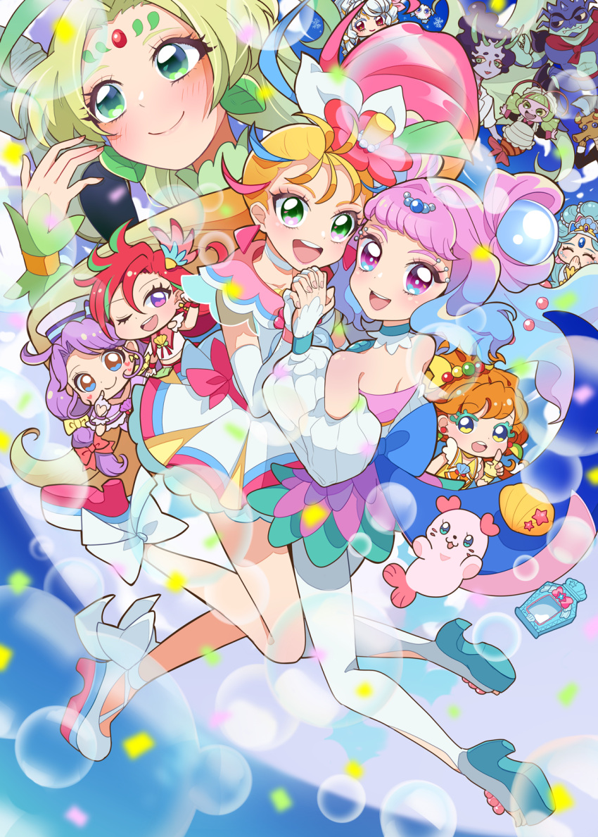 2boys, 6+girls, ;d, agnete_(precure), ankle_bow, back_bow, bare_legs, blonde_hair