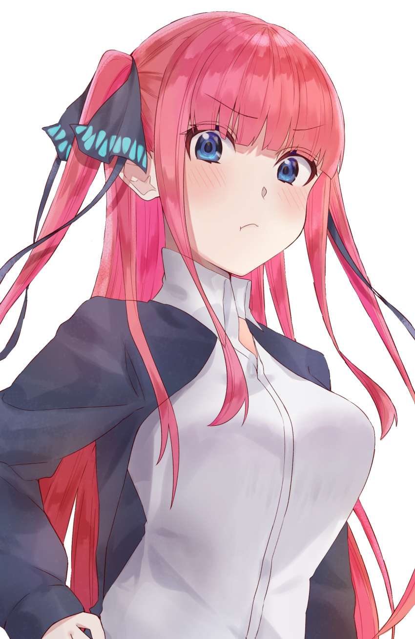 1girl, absurdres, bangs, black_cardigan, black_ribbon, blue_eyes, blunt_bangs, blush
