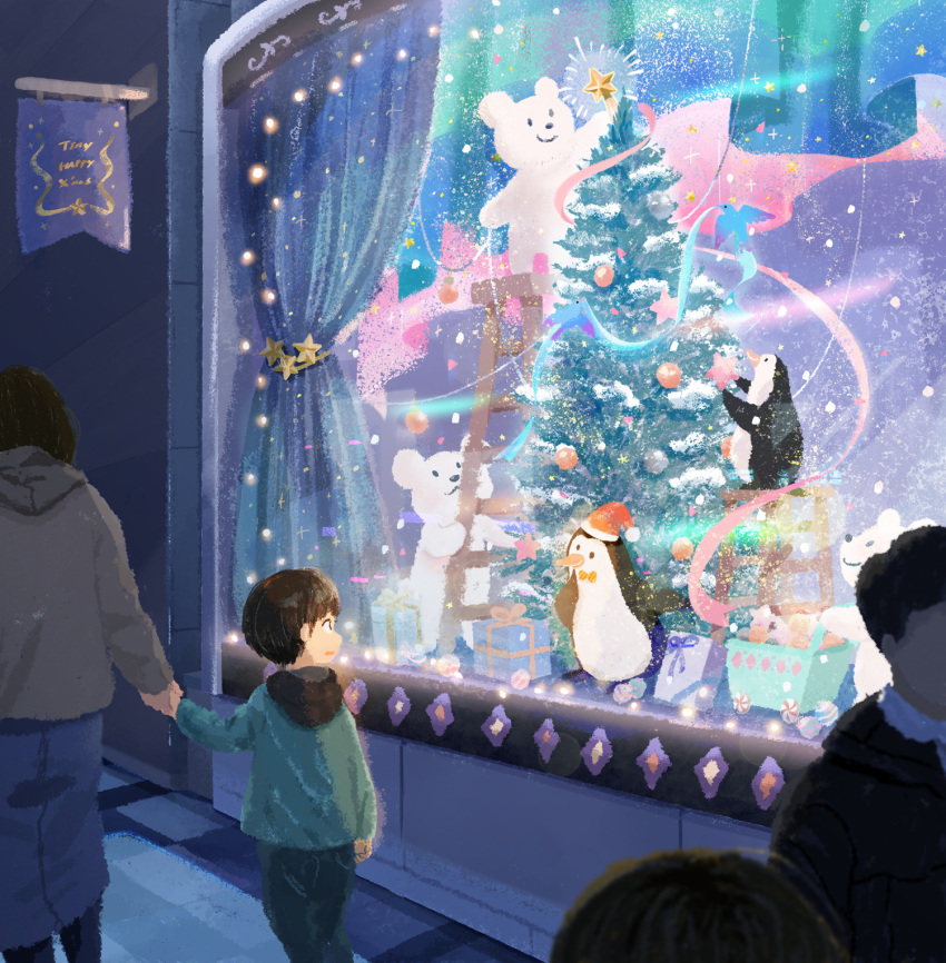 ._., 1boy, :3, animal, ao_(aohari), arm_at_side, arm_up, arms_up, bangs, bauble, bear, bird, black_eyes, black_hair, black_legwear, black_pants, blue_bird, blue_ribbon, blue_skirt, blurry, bow, bowtie, box, cart, child, christmas, christmas_lights, christmas_ornaments, christmas_tree, closed_mouth, commentary_request, commission, confetti, curtains, d:, denim, denim_skirt, depth_of_field, diagonal-striped_bow, diagonal_stripes, eye_contact, faceless, faceless_male, facing_away, fantasy, feet_out_of_frame, from_behind, from_side, fur-trimmed_headwear, gift, gift_box, glass, glowing, grey_hoodie, hand_up, hat, highres, holding, holding_hands, holding_star, hood, hood_down, hoodie, ladder, light, long_sleeves, looking_at_animal, looking_at_another, looking_away, looking_to_the_side, looking_up, mother_and_son, night, no_lineart, original, out_of_frame, outdoors, pants, parted_lips, penguin, pennant, people, peppermint, pink_ribbon, polar_bear, pom_pom_(clothes), profile, red_headwear, ribbon, santa_hat, scenery, shop, short_hair, sidelighting, sidewalk, sideways_mouth, sign, skirt, smile, snowing, solo_focus, sparkle, standing, star_(symbol), stepladder, storefront, striped, striped_bow, striped_bowtie, walking, window, yellow_bow, yellow_bowtie