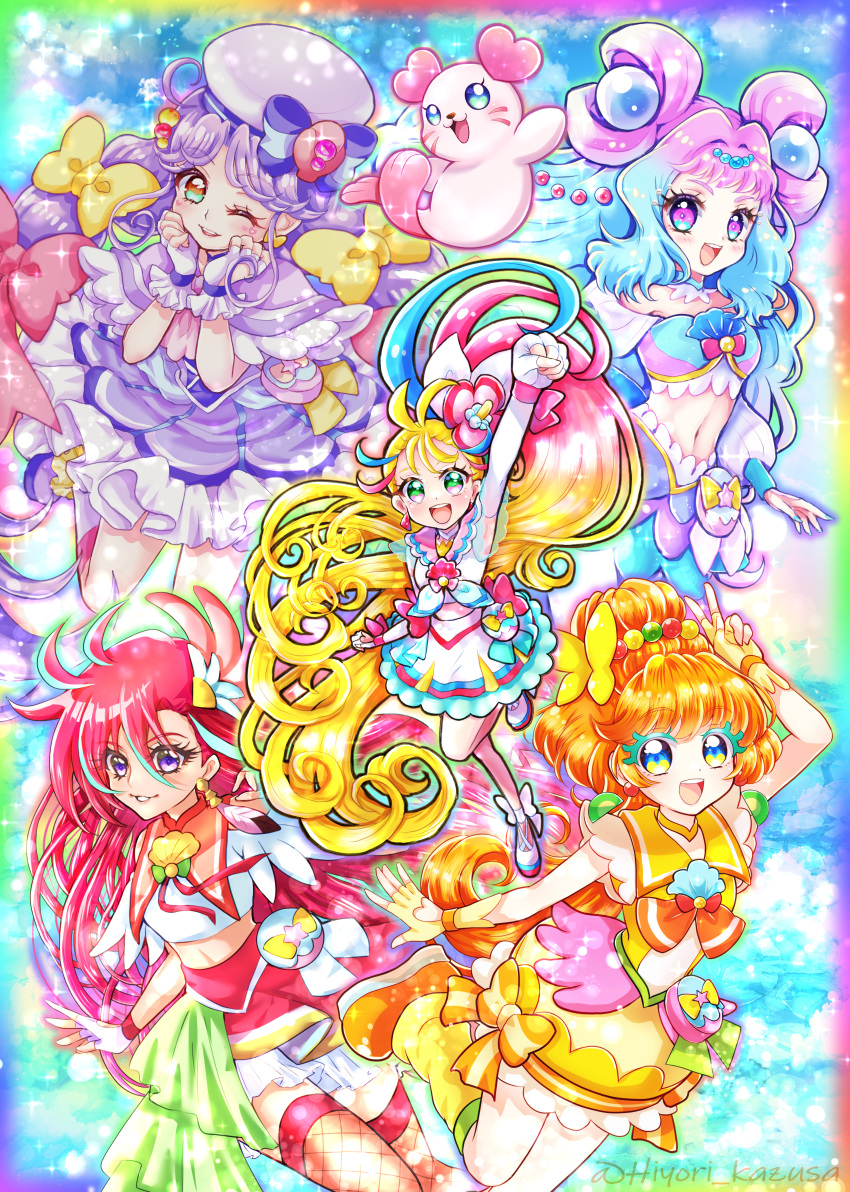 5girls, :d, absurdres, ankle_bow, aqua_hair, arm_up, blonde_hair, blue_background