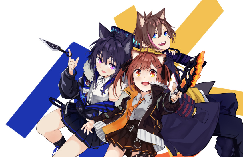 1boy, 2girls, animal_ear_fluff, animal_ears, apex_legends, axe, black_footwear, black_hair