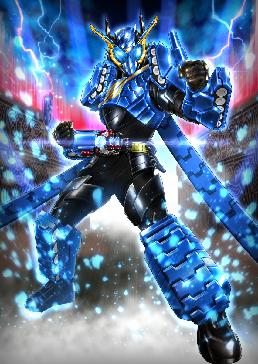 armor, blue_armor, blue_eyes, build_driver, driver, electricity, gloves, ground_vehicle