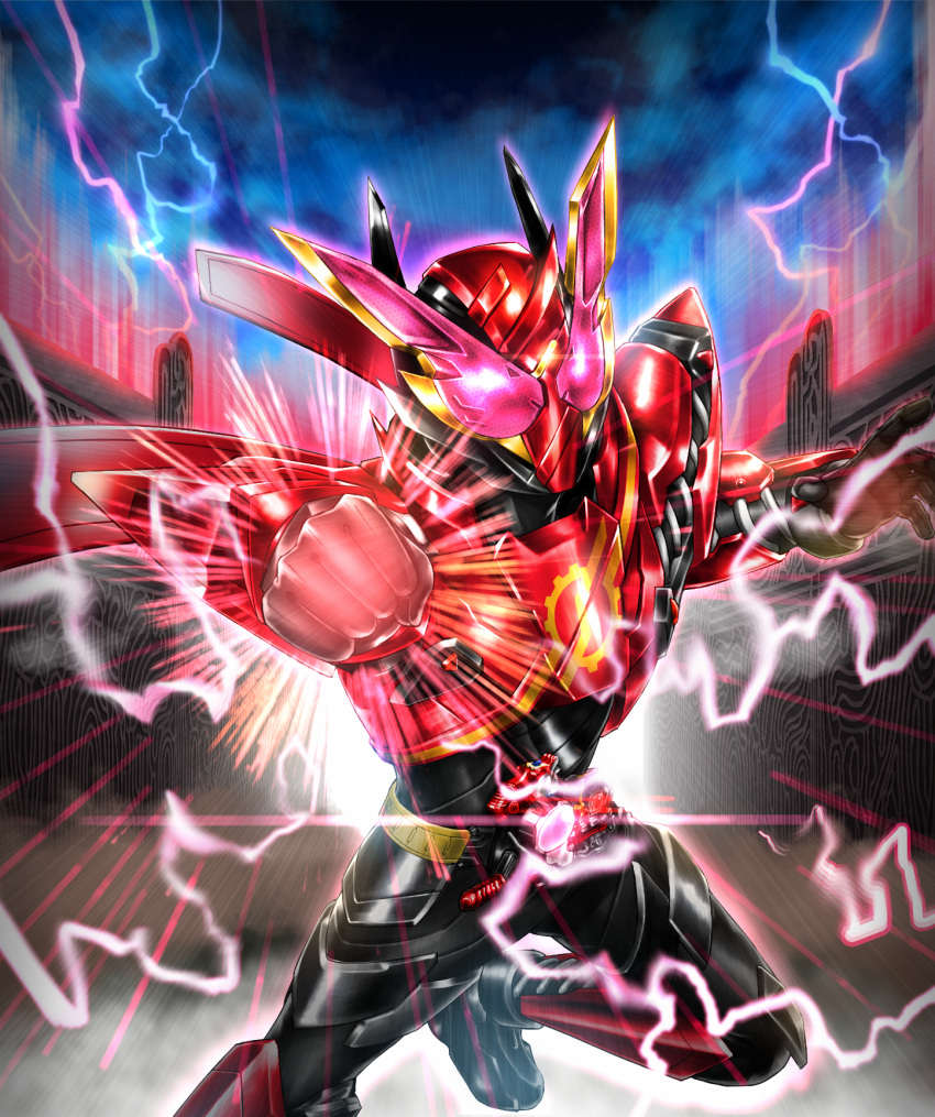 1boy, armor, build_driver, driver, electricity, flying, gloves, ground_vehicle