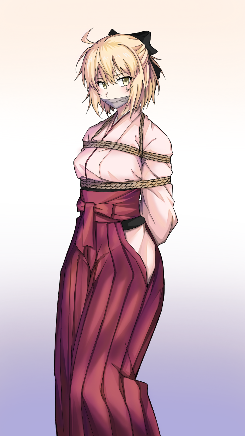 1girl, ahoge, arms_behind_back, blonde_hair, bound, bow, fate/grand_order, fate_(series)