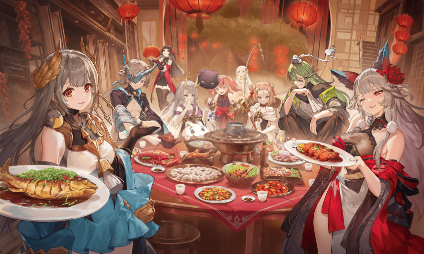 2boys, 6+girls, animal_ears, animal_on_shoulder, arena_(masterwork_apocalypse), bird, bird_on_shoulder, black_gloves