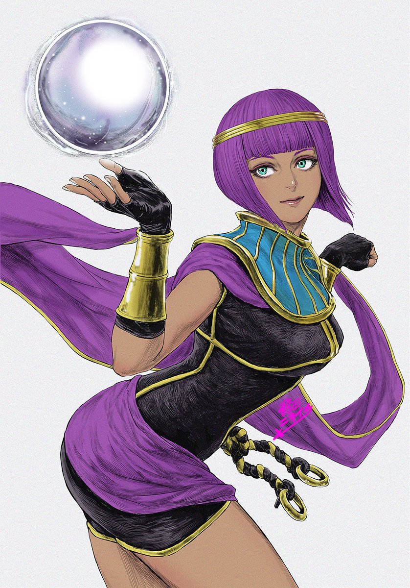 1girl, aqua_eyes, bangs, black_gloves, blunt_bangs, bob_cut, bracelet, closed_mouth, dark-skinned_female, dark_skin, eyeshadow, fingerless_gloves, fingernails, floating, floating_object, gloves, gold_bracelet, grey_background, hatching_(texture), highres, jewelry, makeup, menat, orb, pink_lips, purple_eyeshadow, purple_hair, short_hair, signature, simple_background, smile, solo, star_(symbol), street_fighter, tobita_nikiichi
