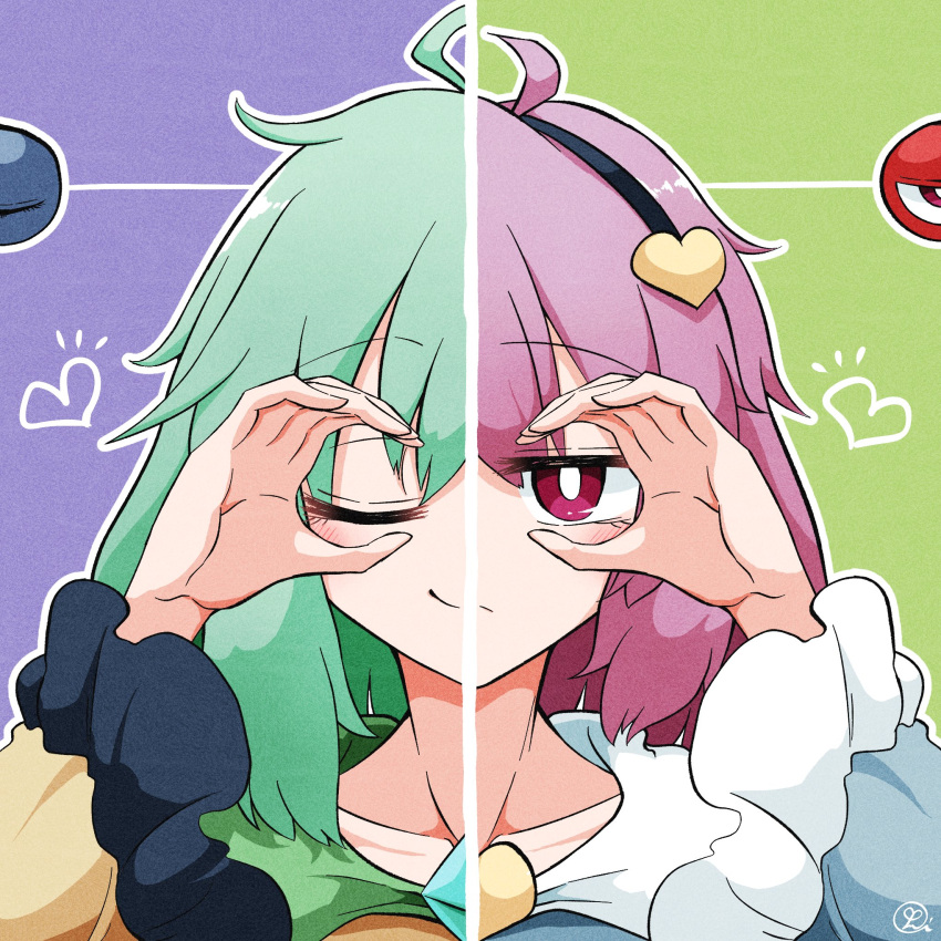 2girls, ahoge, black_hairband, blouse, blue_blouse, closed_eyes, collared_blouse, eyeball