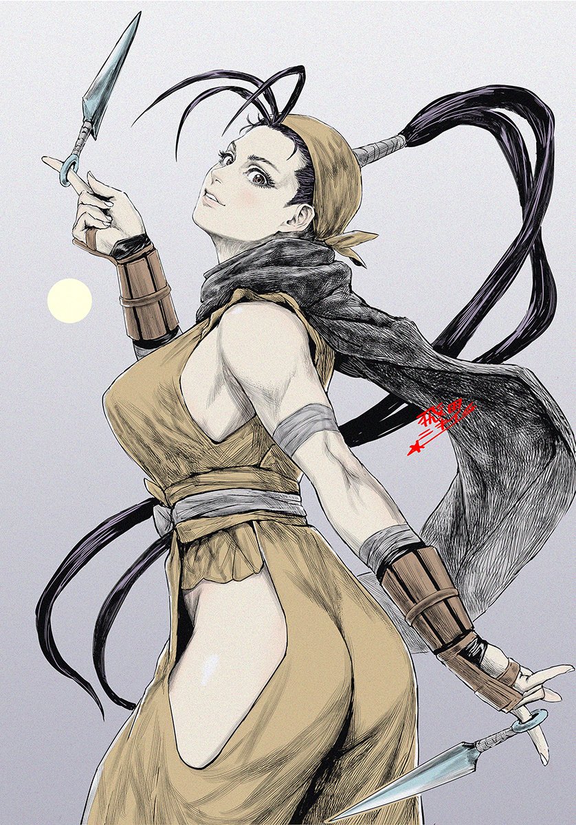 1girl, bandaged_arm, bandages, bare_shoulders, black_hair, black_scarf, blush, brown_eyes, brown_headwear, fingernails, gradient, gradient_background, grey_background, hatching_(texture), highres, hip_vent, holding, holding_weapon, ibuki_(street_fighter), kunai, long_hair, ninja, parted_lips, ponytail, scarf, signature, smile, solo, spinning, spinning_weapon, star_(symbol), street_fighter, teeth, tobita_nikiichi, vambraces, weapon