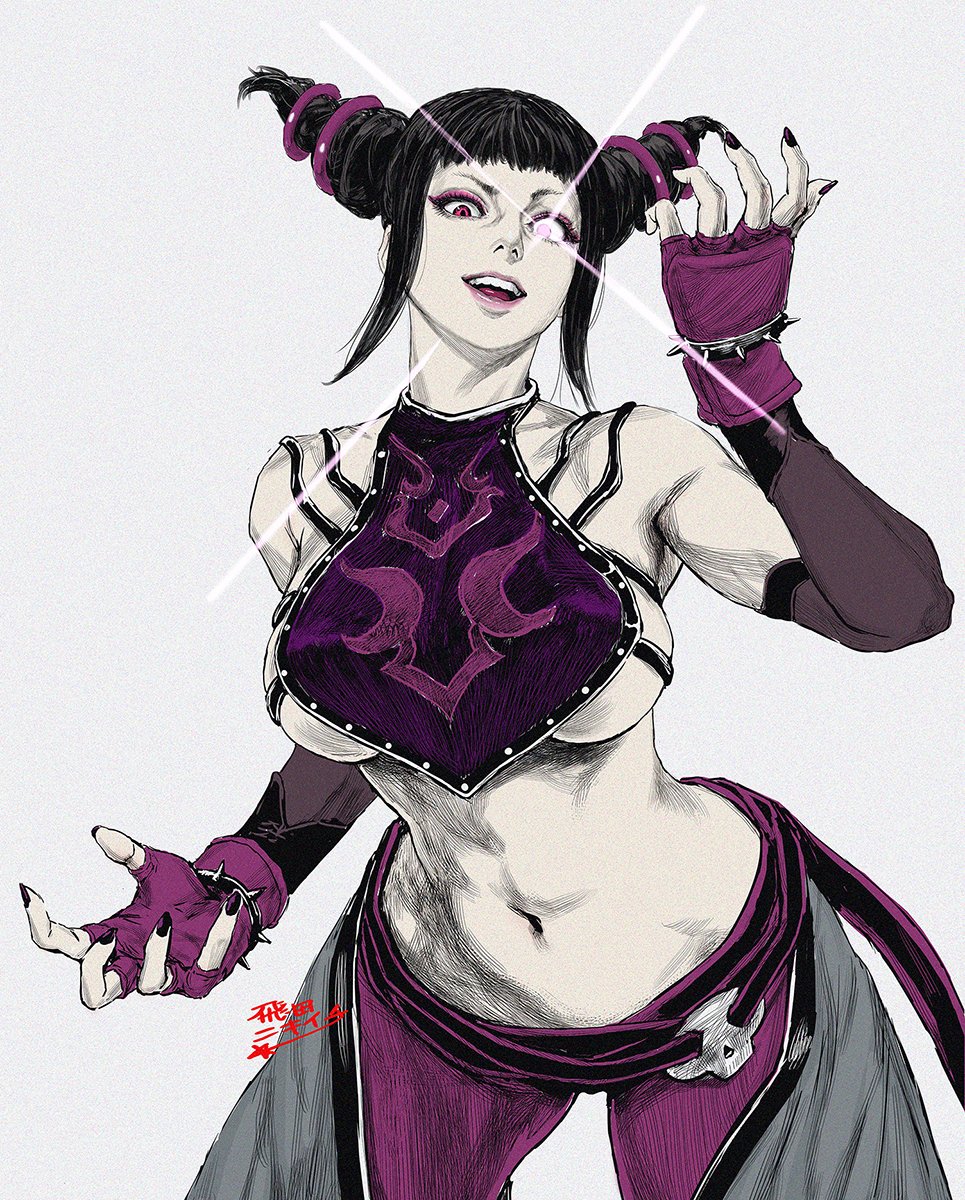 1girl, bare_shoulders, belt, black_hair, bracelet, diffraction_spikes, eyeshadow, fingerless_gloves, fingernails, gloves, glowing, glowing_eye, grey_background, hair_horns, han_juri, hatching_(texture), heterochromia, highres, jewelry, long_fingernails, makeup, medium_hair, navel, open_hands, pink_eyes, pink_eyeshadow, pink_lips, purple_gloves, purple_nails, signature, simple_background, solo, spiked_bracelet, spikes, star_(symbol), street_fighter, teeth, tobita_nikiichi, tongue, upper_teeth, violet_eyes