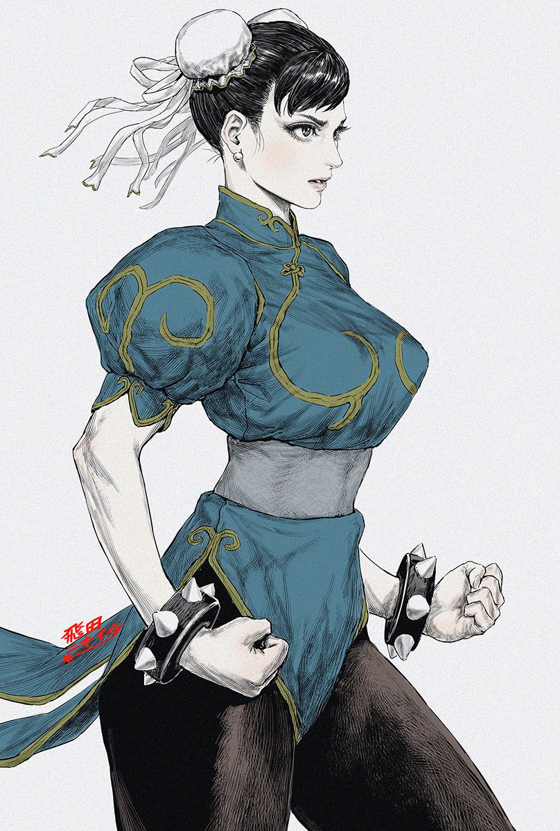 1girl, black_bracelet, black_hair, blue_eyes, blush, bracelet, chun-li, clenched_hands