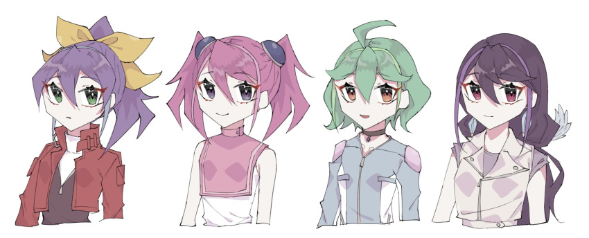 4girls, :d, ahoge, belt, blue_hair, bow, bracelet_girls, choker